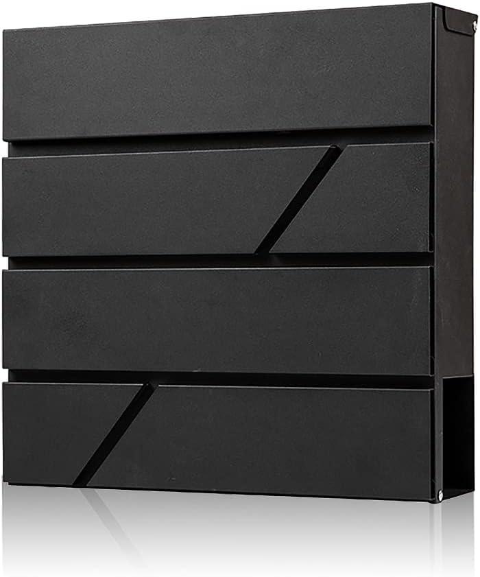 Mailbox Wall Mount,Large Capacity Locking Mailbox for Outside,Galvanized Steel Cover and Rust-Proof Metal Post Box with Newspaper Holder,14.6"x14.6"x4.3" Black,MD025B