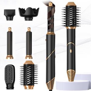 6 in 1 Hair Dryer Brush, Foldable Blow Dryer Brush with Wrap Curler, Detachable Air Hair Styler Curling, Drying,Volumizing, Straightening, Negative Ionic Hair Dryer with Diffuser, Hair Styling Tools (Black)