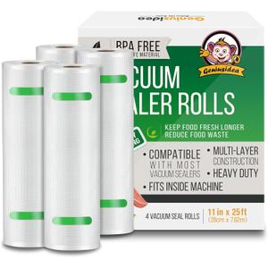 Food Saver Vacuum Sealer Bags, 4 Pack 11" x 25'ft Rolls, Commercial Grade, Meal Prep, Microwave & Freezer Safe, Sous Vide