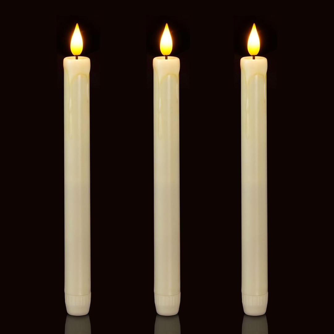 Homemory 3 Pack Flameless Taper Candles, No Remote, Realistic Flickering Battery Operated Candlesticks, Ivory LED Plastic Candle Safe for Weddings, Table Decor, Christmas, and Halloween