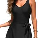 Yonique One Piece Swimdress for Women  Tummy Control Swimsuit with Skirt 2026 V Neck Wrap Tie Side Bathing Suit Dress (Large, Black)