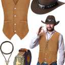 4 Pcs Western Cowboy Outfits for Men Suede Leather Vest Hat Bolo Tie Belt for Western Halloween Cosplay (Large, Brown)