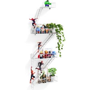 Fire Escape Wall Shelf - 4 Tier Metal White Fire Escape Shelf with Baskets, Unique Decorative Wall Shelves for Any Room