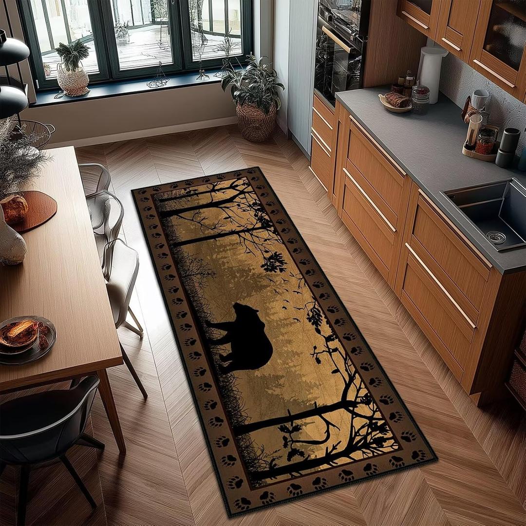 Rustic Cabin Wildlife Runner Rug 2x6,Bear Country,Ultra-Thin Throw Carpet Washable Kitchen Runners Vintage Hallway Rug Entrance Door Mat Non Slip Accent Area Rugs for Entryway,Laundry,Bathroom (Brown)