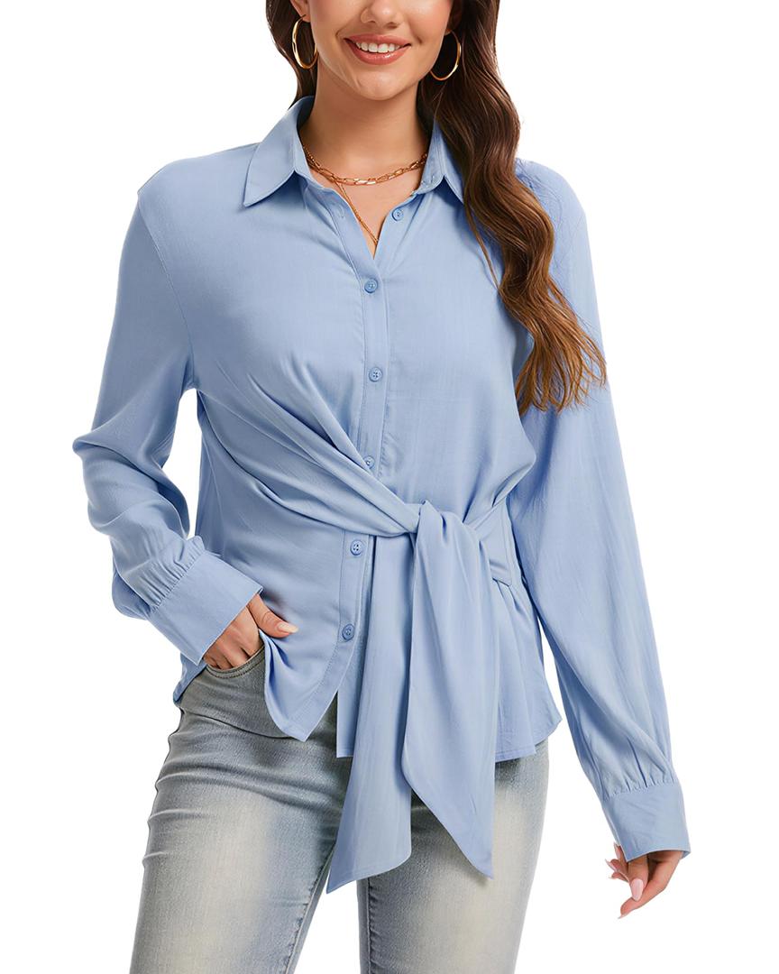 Fyralis Women's Dressy Long Sleeve Button Down Blouse with DIY Knot, Business Casual Lightweight Solid Shirt (US, Alpha, X-Large, Regular, Regular, Blue) (Blue, XL)