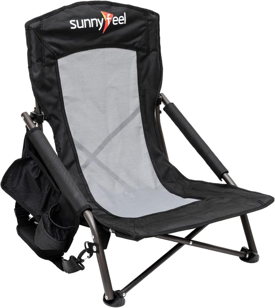SUNNYFEEL Low Folding Beach Chair for Adults, Portable Lightweight Sling Beach Camping Chairs with Cup Holder, Armrest,Foldable Camp Lawn Chair for Outdoor Sand Concert Travel Sport Events,300LBS (Black)