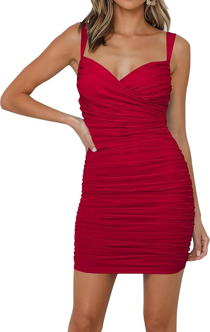 MASCOMODA Women's Summer Spaghetti Strap Ruched Mini Bodycon Dress 2024 Short Sexy V Neck Wedding Guest Club Cocktail Dress (Red), XL