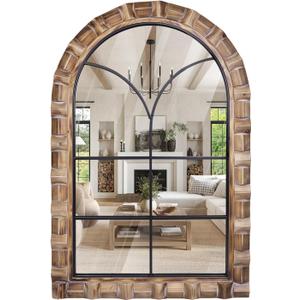 36x24 Inch Arched Window Pane Wall Mirror - Rustic Farmhouse Solid Wood Decorative Mirror for for Living Room, Bedroom, Entryway & Bathroom