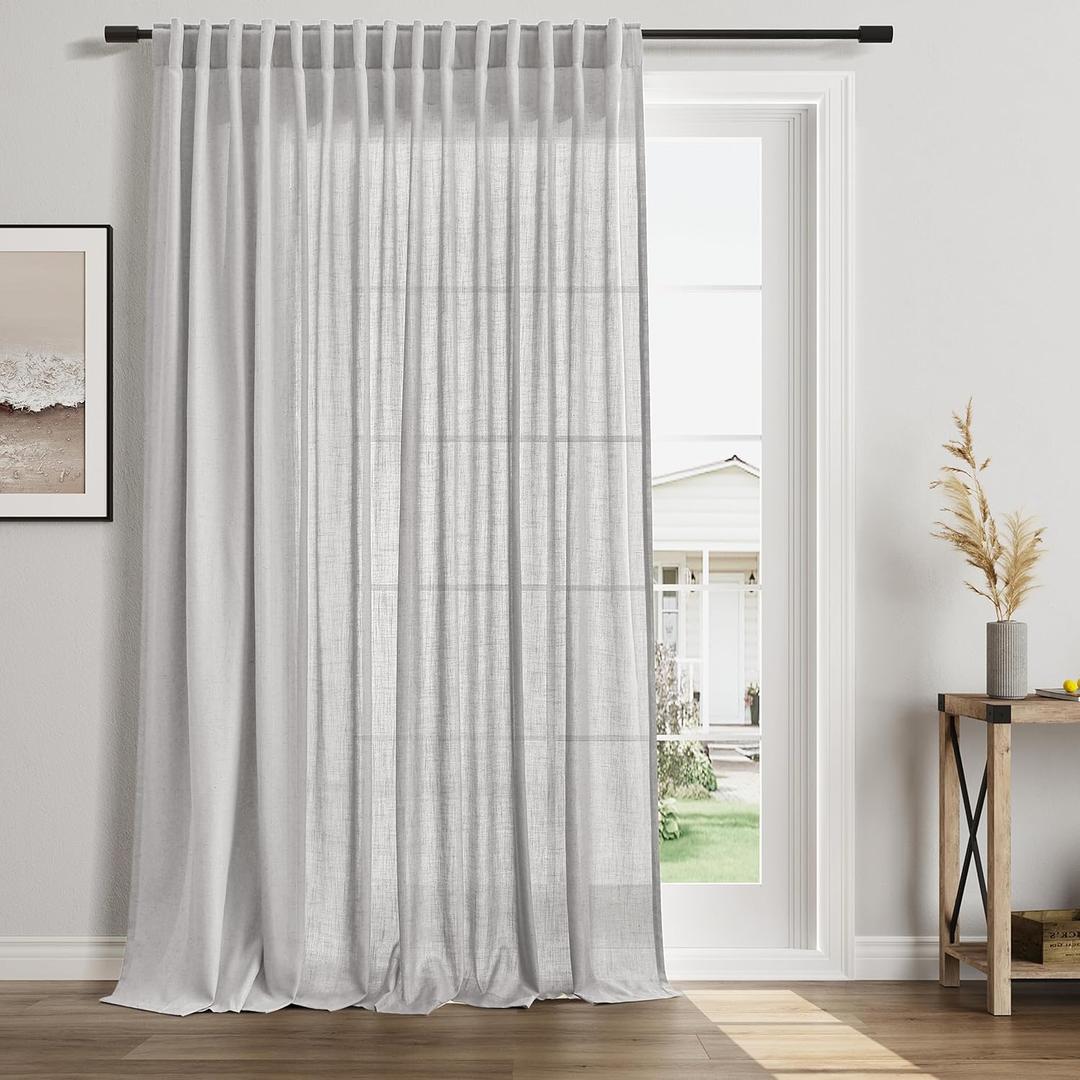 Grey Sliding Glass Door Linen Curtains 100 Inch Extra Wide Back Tab Curtain Living Room Gray Semi Sheer Modern Farmhouse Patio Room Divider Light Filtering Drapes 1 Panel W100xL96