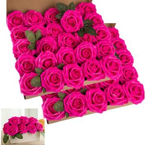 Artificial Flower Foam Hot Pink Rose 50pcs Real Looking Fake Rose with Stems Leaves for Home Decoration Party Garden Centerpieces DIY Wedding BouquetsHot Pink