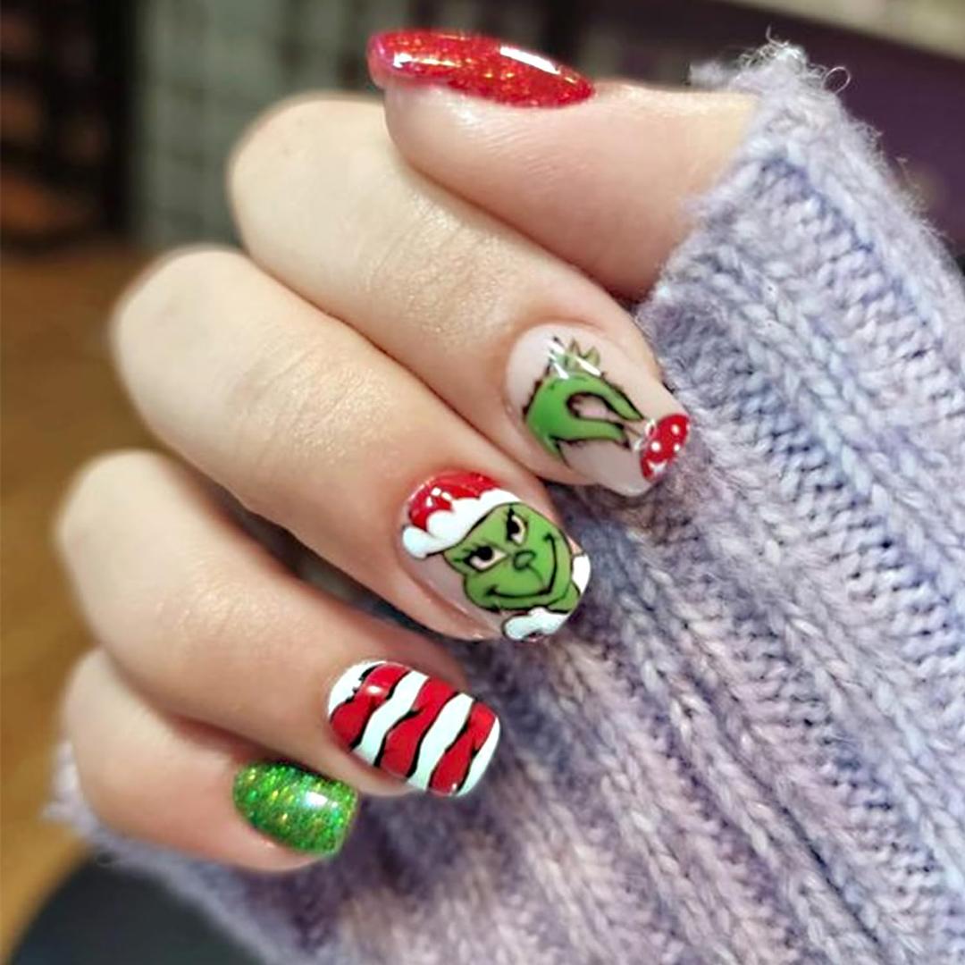 Christmas Nails,24Pcs Short Press on Nails Christmas Fake Nails with Cute Green Monster Designs Full Cover Glitter Red Green Xmas False Nail Holiday Artificial Square Glue on Nail for Women DIY Nail, Christmas Nails Design-2