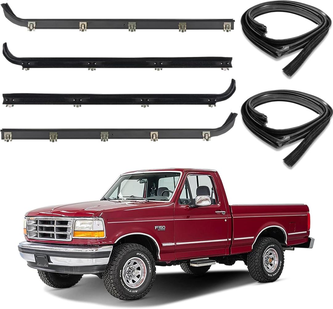 Front Door Window Weatherstrip Kit,Window Molding Sweep Felt Trim Seal & Run Channel Rubber Seals for 1987-1997 Ford F150 F250 F350 Bronco#E7TZ1521452A E7TZ1521453A F2TZ1521456A F2TZ1521457A