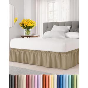 Wrap Around Dust Ruffle Bed Skirt - Beige - for King Size Beds w/ 9" Inch Drop - Easy Fit Elastic Strap - Adjustable Pleated Bedskirt w/Brushed Fabric - Wrinkle & Fade Free - Women, Men, Kids & Teens