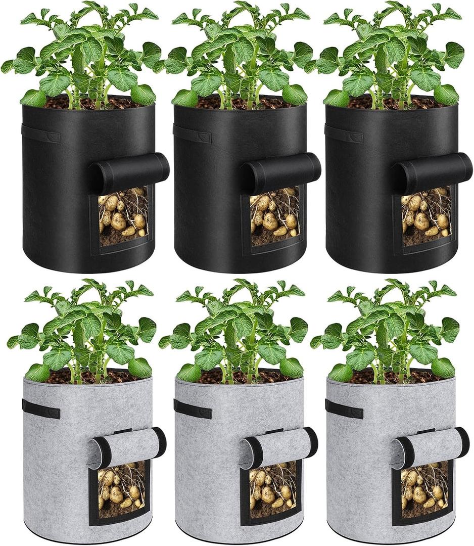 6 Pack Potato Grow Bags, 10 Gallon Planting Bags Large Fabric Pots with Flap Window Vegetable Planter Garden Pot Tall Potato Growing Containers with Handles for Vegetables, Fruits, Black + Grey
