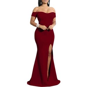 YMDUCH Women's Off Shoulder High Split Long Formal Party Dress Evening Gown (Large, Winered)