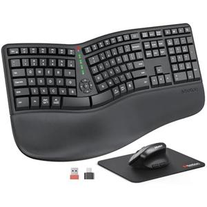 MEETION Ergonomic Wireless Keyboard and Mouse, Ergo Keyboard with Vertical Mouse, Split Cushioned Wrist Palm Rest, Natural Typing, Rechargeable, Full Size, Windows/Mac/Computer/Laptop, Black Director