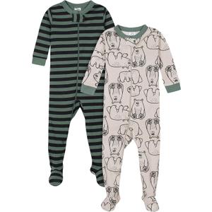 Gerber Baby Boys 2-Pack Footed Pajamas, Bear Green Stripes White, 12 Months
