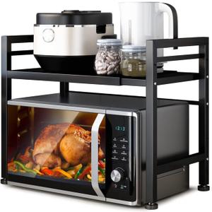 DOLALIKE Microwave Oven Rack, Expandable Microwave Stand Countertop Kitchen Utensils Tableware Storage, Carbon Steel Over Microwave Shelf Countertop with 3 Hooks (2 Tier(17IN))