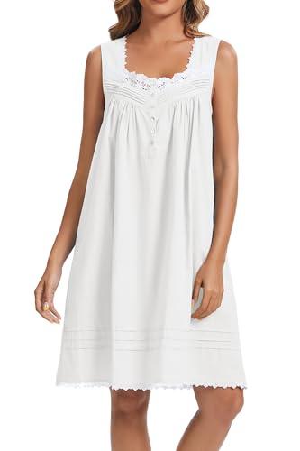 AVIIER 100% Cotton Nightgowns for Women Sleeveless Night Gown with Pockets White M