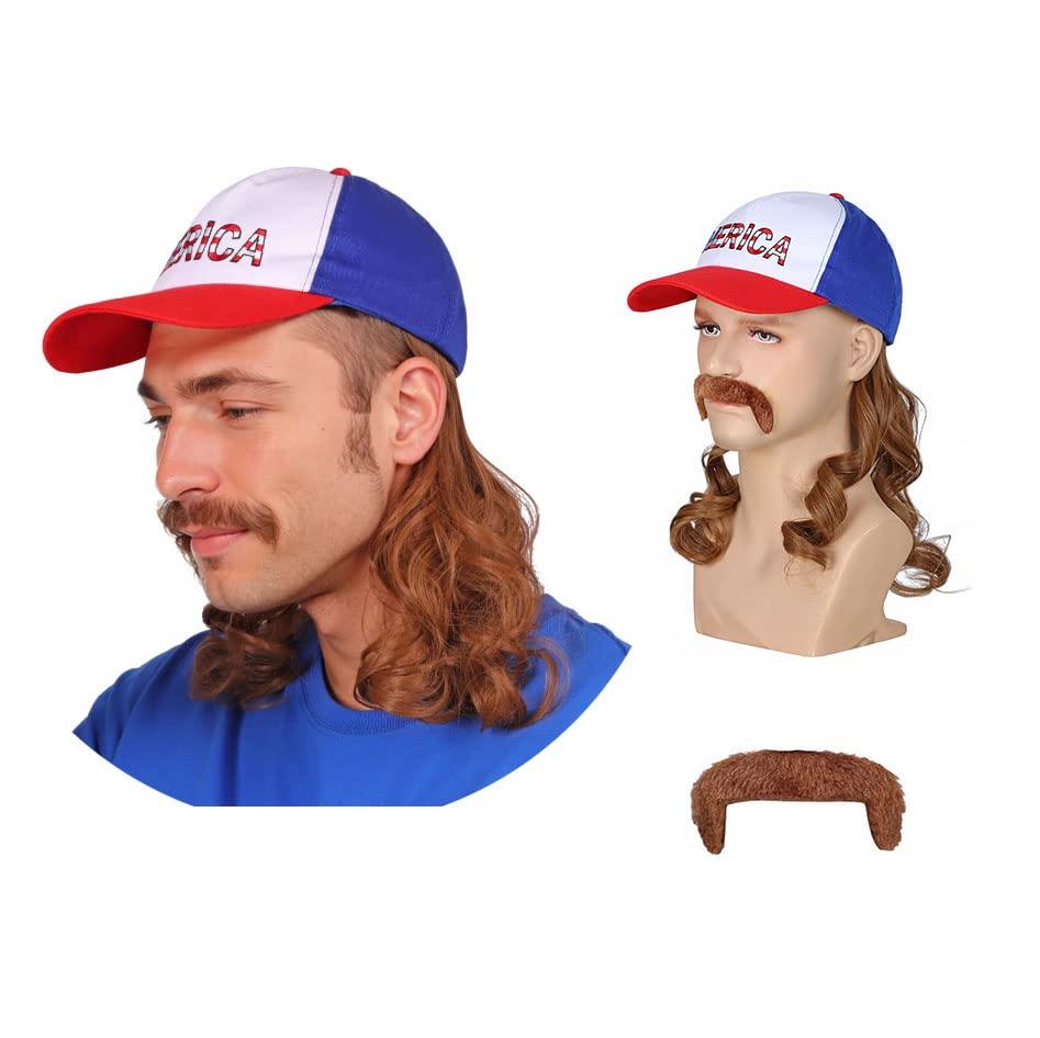 Red White and Blue Mullet Brown Wig with Mustache for Men 4th of July