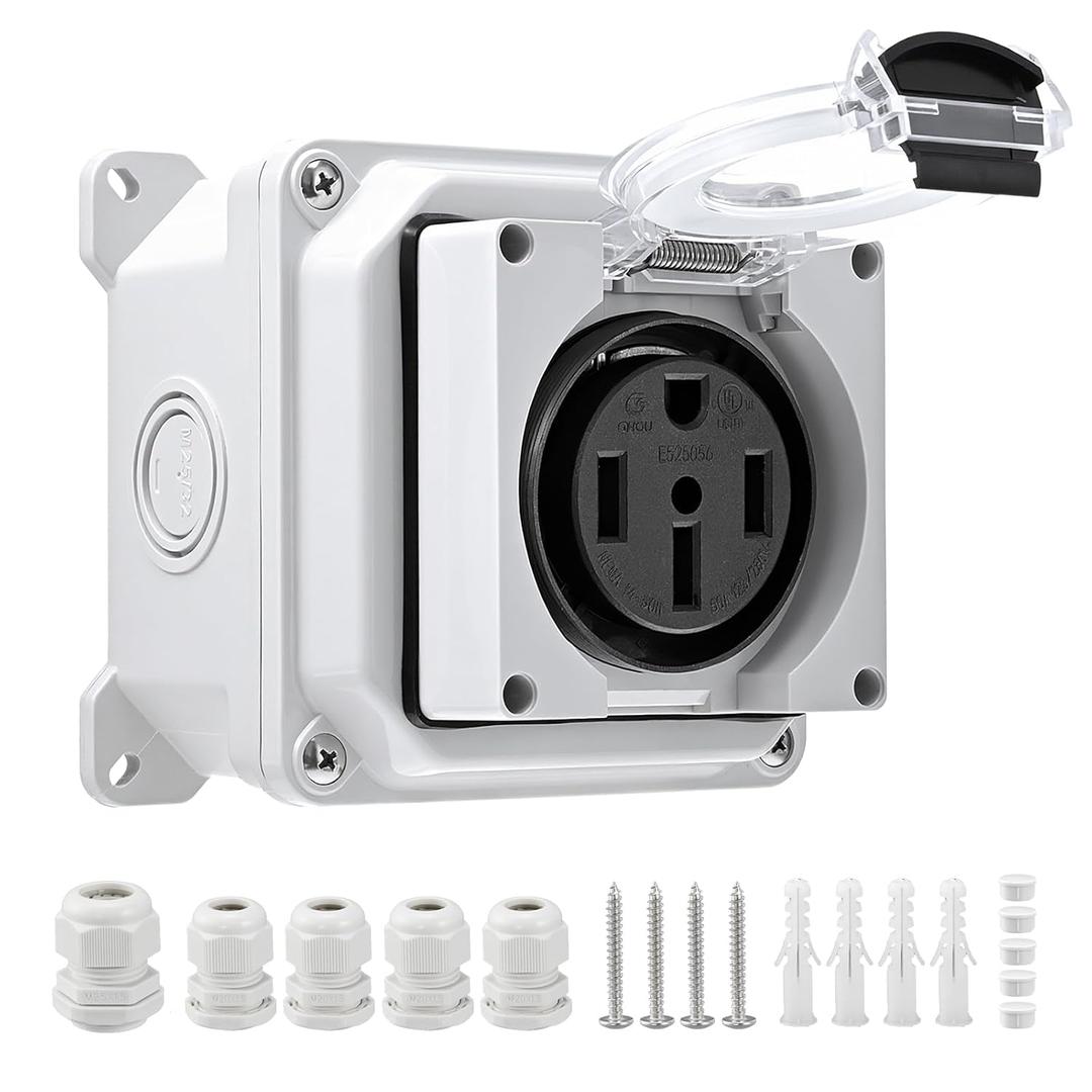 NEMA 14-50R Power Outlet Box, 50 Amp 125/250V Heavy Duty Receptacle, IP66 Waterproof Weatherproof Outdoor Enclosure, Supports 6 AWG Copper Wire, Industrial Grade Wall Plug for EV & RV