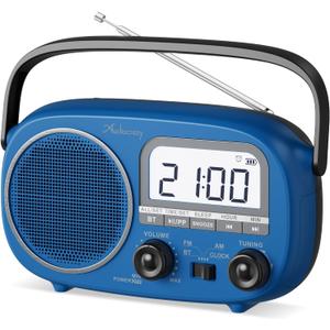 Portable AM FM Rechargeable Radio with Best Reception, Digital Time/Station Display,AC Power or Battery Power Radio with Bluetooth Speaker for Home/Kitchen/Outdoor Blue