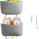 TeoKJ Over the Door Organizer, 3-Tier Woven Cotton Hanging Kitchen Baskets Storage Organizer Bag with Hooks Wall-Mounted Decorative Rope Baskets - Gray