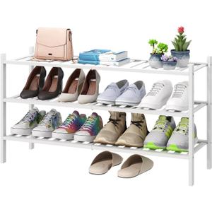 3-Tier Long Shoe Rack, Bamboo Wood Shoe Rack for Closet, Entryway & Hallway, Stackable White Shoe Shelf Storage Organizer for Indoor Outdoor