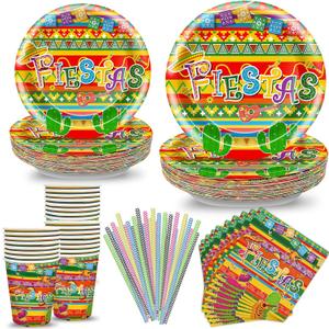 120 Pcs Cinco De Mayo Table Decorations Fiestas Mexican Party Tableware Set Serves 24, Including Paper Plates and Napkins, Cups, Straws for Taco Tuesday Mexican Theme Birthdays Carnivals Party Favors