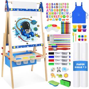Joyooss Art Easel for Kids, Adjustable Standing Kids Easel with Magnetic Whteboard & Chalkboard, Magnetic Board for Kids Art Easel Kids with 2 Paper Rolls, Finger Paints, Letters & Numbers Magnets, 21.26 x 28.35 x 3.15 inches