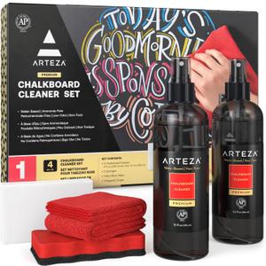 Arteza Chalkboard Cleaner Set with 2 Cleaners, 10-Ounces Each, 1 Microfiber Fabric Towel, 2 Magic Sponges & 1 Magnetic Eraser, Office Supplies for Chalkboards, Blackboards & Glass Surfaces