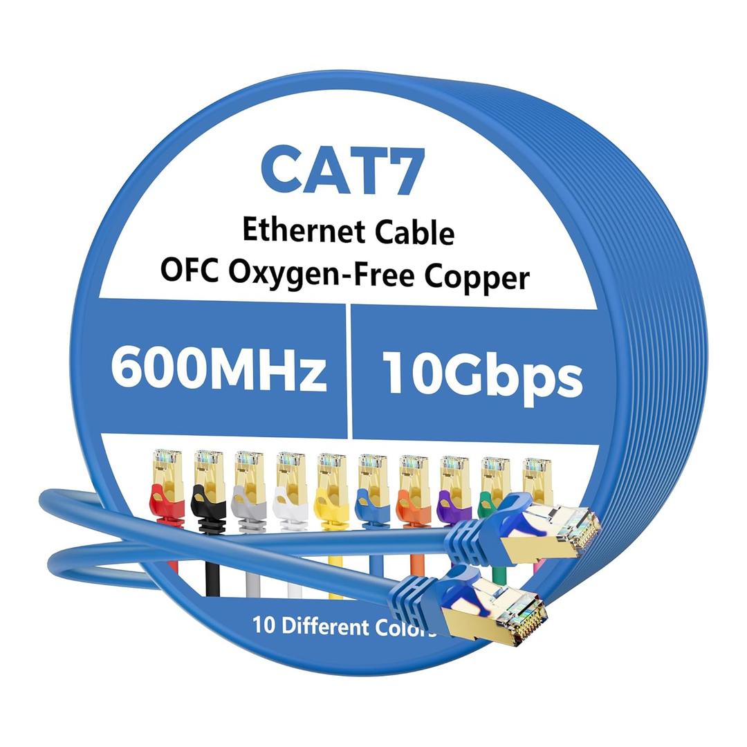 Cat 7 Ethernet Cable 30 FT, 10Gbps High Speed Internet Cord, SFTP Shielded, OFC Pure Copper, CAT7 RJ45 LAN Network Cable Compatible with PC, Laptop, PS5, Xbox Modem, Router, PoE, Blue Cable