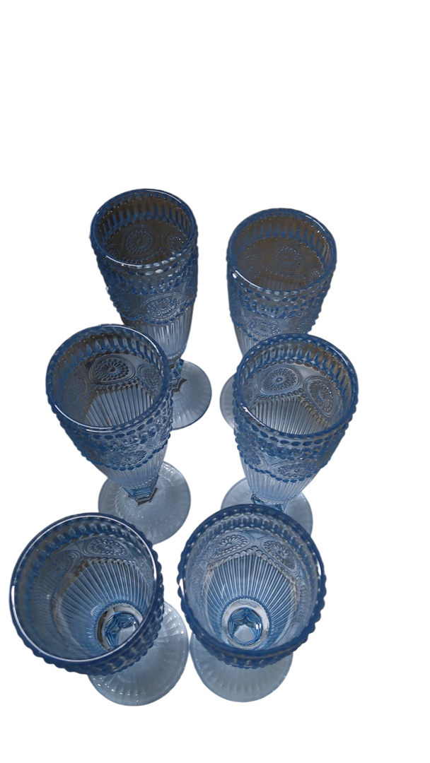 XKXKKE 6 Pcs 5 Ounces Glass Champagne Flutes, Vintage Flower Embossed Colored Glass Sparkling Wine Glasses for Champagne, Cava, Prosecco, Party, Wedding, Bar Fancy Glasses Set of 6 Blue