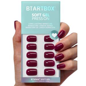 BTArtbox Press On Nails Short - Plum Red Squoval Press On Nails with Glue for Women, Opaque Soft Gel Glue On Nails in 15 Sizes - 30 Stick On Nails Kit, Blackberry