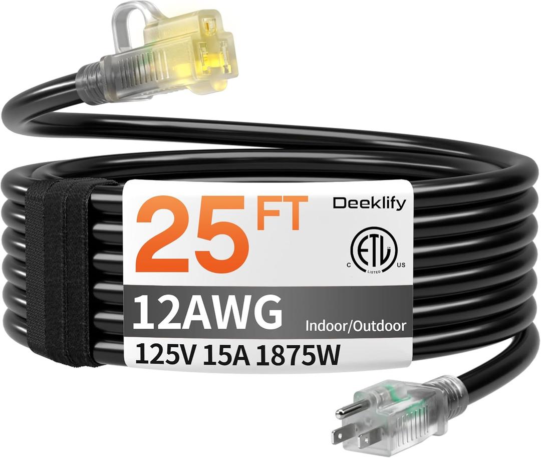 12AWG 25 FT Heavy Duty Outdoor Extension Cord Waterproof with Lighted End,Black 12 Gauge Extension Cord Flexible and Cold Resistant 3 Prong Grounded Plug,15Amp 1875W SJTW ETL Listed