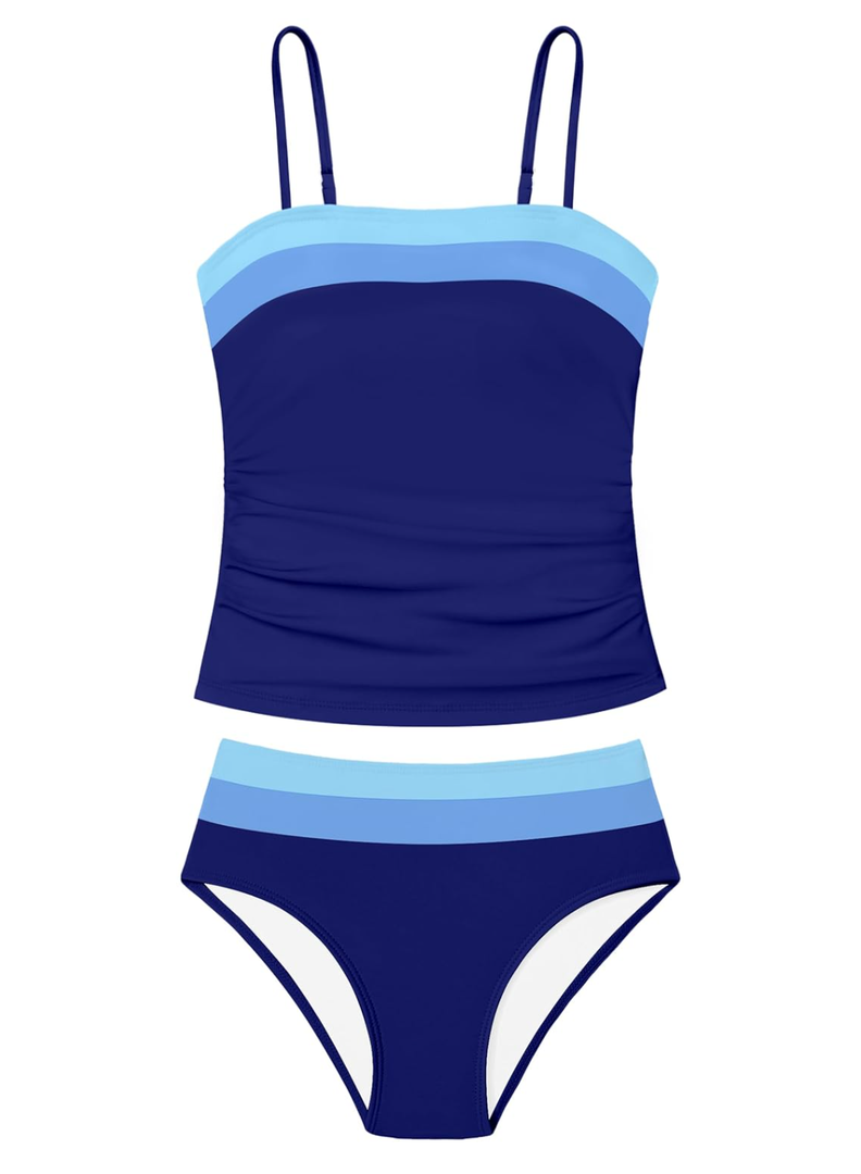 NAPU Girls Swimsuit Color Block Tankini Swimsuit Quick Dry 2 Piece Bathing Suit for Girls 9-16 Years Teens Swimwear Summer