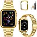 MioHHR Solid Stainless Steel Band Compatible with Apple Watch 38mm(Series 3/2/1) 40mm(Series SE/6/5/4) 41mm(Series 9/8/7) Metal Strap with Soft TPU Case for iWatch Bands for Women and Men, Gold