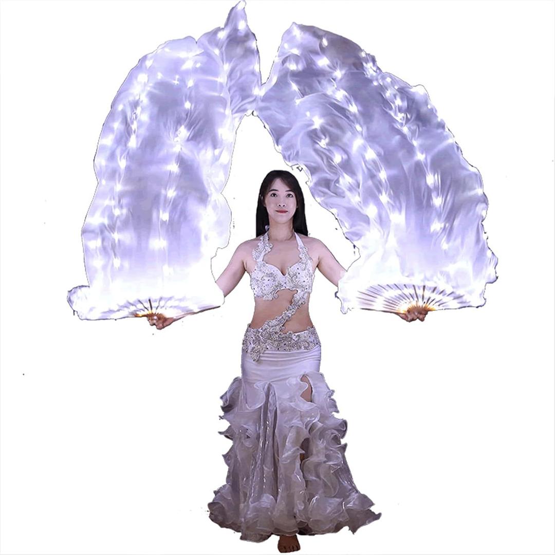 LED Belly Dance Silk Fan - Colorful Light Up Fan Veil for Women for Worship Praise Dance (White)