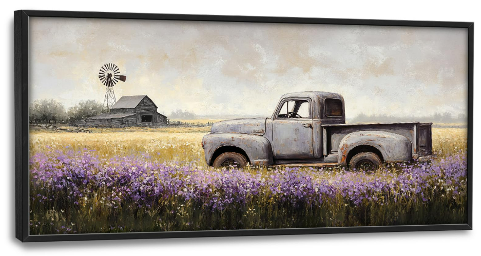 Rustic Truck Wall Art Farmhouse Lavender Barn Pictures Wall Decor Country Large Master Over Above Bed Canvas Prints Horizontal Modern Artwork Painting Home Office Decorations For Bedroom 30"x60"