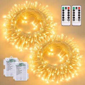 2 Pack String Lights Battery Operated with Remote66ft 200 LED Waterproof String Lights8 Modes Twinkle Lights for Party Patio Outdoor Indoor(Warm White)
