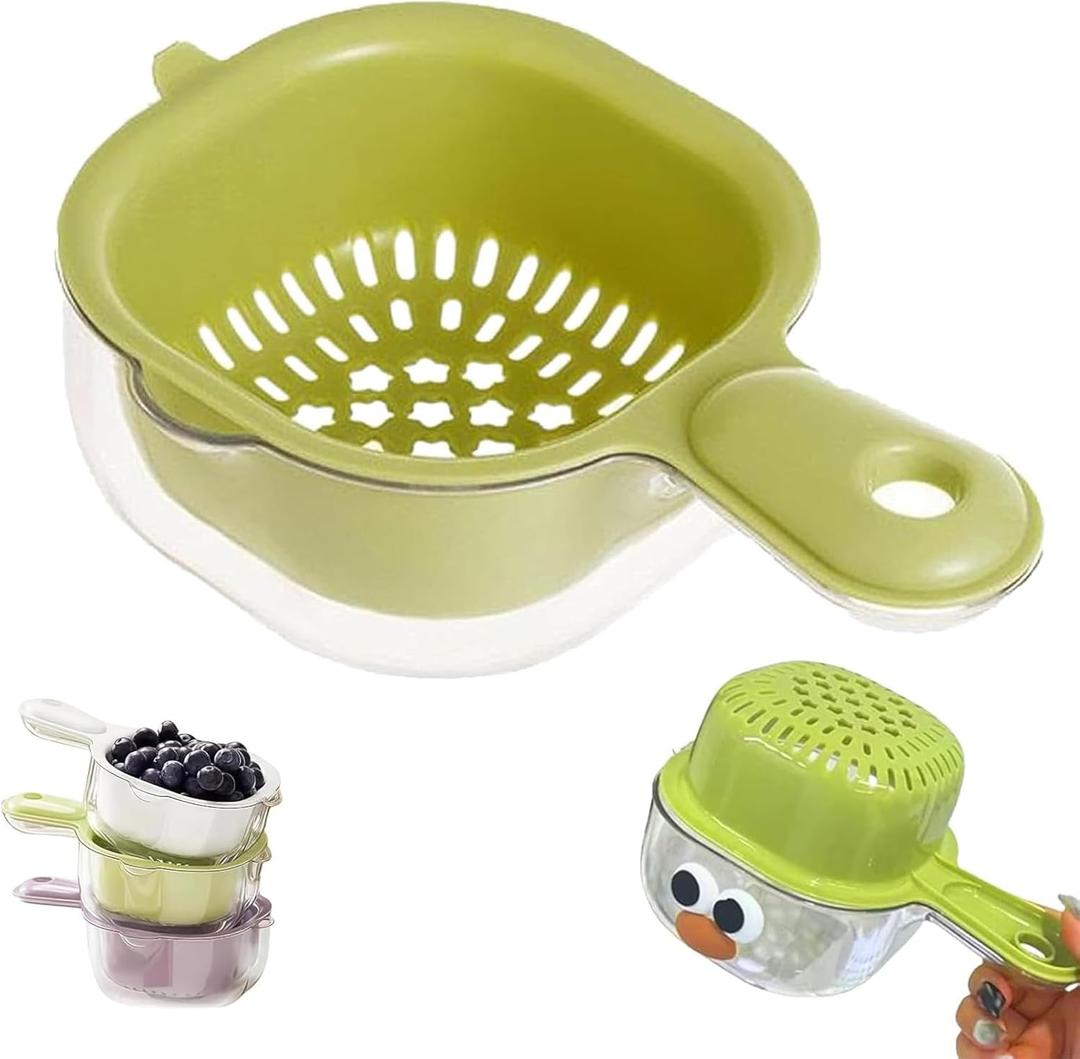 Kitchen Dual Layer Draining Basket with Handle,Double Drain Plastic Fruit Washing Bowl, Handy Mini Berry and Tomato Washer, Fruit Storage Container (Green)