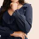 Womens Indigo Solid Texture Pleated Ruffle Trim Blouse V Neck Long Sleeve Top Casual Shirt, XL