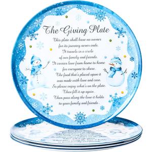 Sliner Set of 4 Christmas Giving Plates 10 x 10 Inch Snowman Plates with Snow Trim and Warm Words Holiday Decorative Plate for Sharing Love and Treats Xmas Gifts