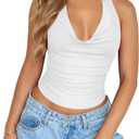 PINKMSTYLE Womens Sexy Halter Cowl Neck Backless Crop Tops Double Layer Ruched Going Out Summer Tank Top (White, XS)
