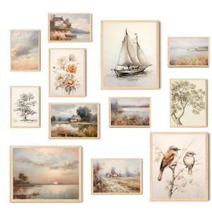 Aroutde Vintage Wall Art Prints Spring French Country Wall Decor Countryside Landscape Painting Canvas Wall Art French Farmhouse Pictures for Bedroom Living Room Gallery Wall Art Set of 12 (Unframed)