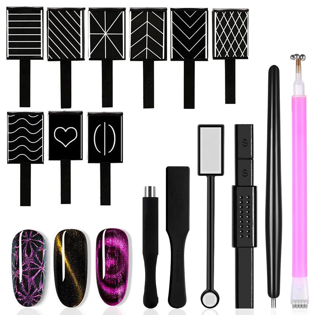 SILPECWEE 15Pcs Nail Magnet Set Cat Eye Gel Nail Polish Magnet Wand Magnetic Nail Polish Cat Eye Magnet for Nails Cat Eye Magnets Sticks Nail Design Tools Nail Art