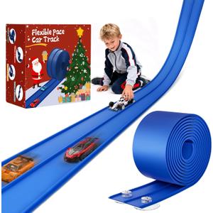 Flexible Race Track for Kids 15ft Race Car Track, Rolls Up Portable Racetrack Compatible with Hot Wheels & Diecast 1/64th Cars,2025 Christmas Birthday Gift, (2 Lane Tracks - Blue)