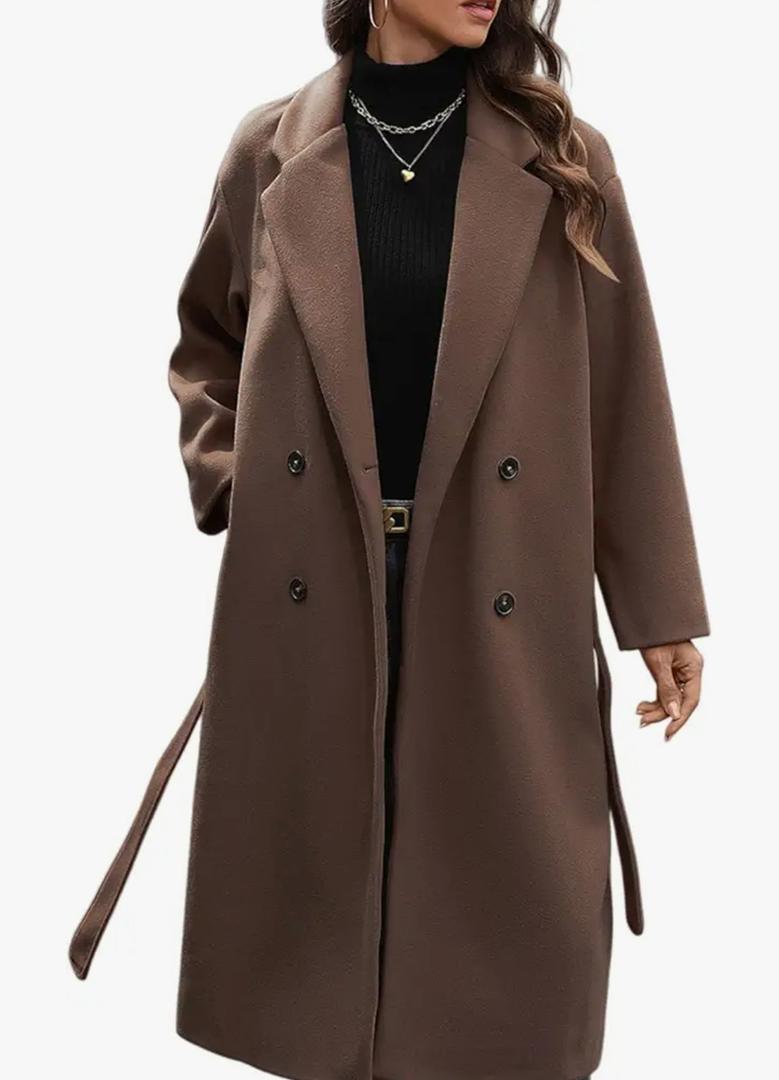 HOTIAN Women's Winter Wool Blend Coat Double Breasted Casual Notch Lapel Long Trench Overcoat Peacoat, Brown, M