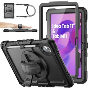 SEYMAC stock Case for Lenovo Idea Tab 11'' 2025/ Tab M11 2024/ K11 (TB336FU/TB330FU), Drop-Proof Case for Lenovo 11 inch with 360 Rotate Stand/Strap [Pen Holder] & Screen Protector, Black