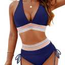 Blooming Jelly Women High Waisted Bikini Sets Tummy Control Swimsuits Color Block Two Piece Drawstring Bathing Suit (Medium, Dark Blue)